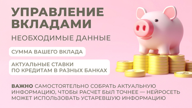 <p>Задачу по выбору наиболее выгодной стратегии по размещению денег на вкладах можно тоже доверить нейросети, но будьте осторожны: лучше изначально самостоятельно изучить текущую обстановку на рынке банковских вкладов и уже на основании этой информации поручить искусственному интеллекту построение дальнейших выводов.</p>