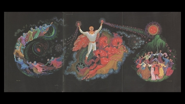 <p>Юрий Гагарин в работах Кукулиевых предстает настоящим героем русских сказок: его окружают ангелоподобные космонавты из дружественных стран, встречают на фоне Кремля земляне, а сам он торжественно и загадочно смотрит в только ему ведомые дали.</p>